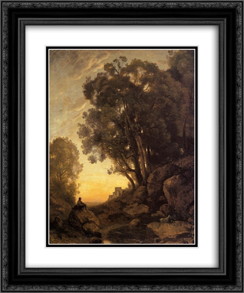 The Italian Goatherd, Evening 20x24 Black Ornate Wood Framed Art Print Poster with Double Matting by Corot, Jean Baptiste Camille