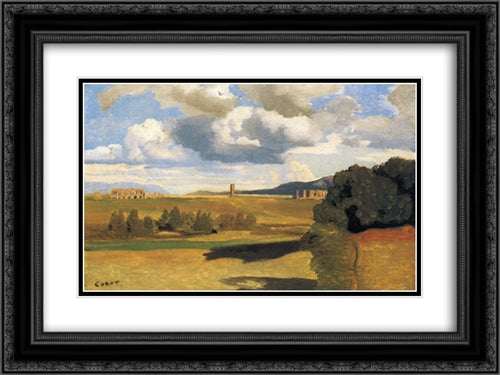 The Roman Campagna with the Claudian Aqueduct 24x18 Black Ornate Wood Framed Art Print Poster with Double Matting by Corot, Jean Baptiste Camille