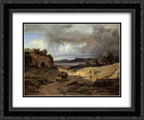 The Roman Campagna 24x20 Black Ornate Wood Framed Art Print Poster with Double Matting by Corot, Jean Baptiste Camille