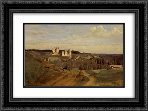 View of Pierrefonds 24x18 Black Ornate Wood Framed Art Print Poster with Double Matting by Corot, Jean Baptiste Camille