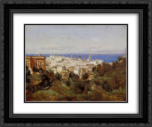 View of Genoa from the Promenade of Acqua Sola 24x20 Black Ornate Wood Framed Art Print Poster with Double Matting by Corot, Jean Baptiste Camille