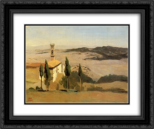 Volterra ' Church and Bell Tower 24x20 Black Ornate Wood Framed Art Print Poster with Double Matting by Corot, Jean Baptiste Camille