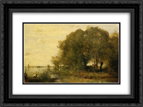 Wooded Peninsula 24x18 Black Ornate Wood Framed Art Print Poster with Double Matting by Corot, Jean Baptiste Camille