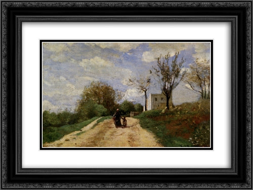 The Path Leading to the House 24x18 Black Ornate Wood Framed Art Print Poster with Double Matting by Corot, Jean Baptiste Camille