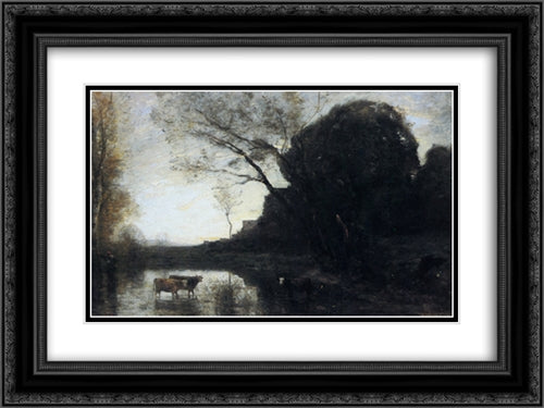 Le gue sous larbre penche 24x18 Black Ornate Wood Framed Art Print Poster with Double Matting by Corot, Jean Baptiste Camille