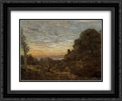 La Tour les Arbres 24x20 Black Ornate Wood Framed Art Print Poster with Double Matting by Corot, Jean Baptiste Camille