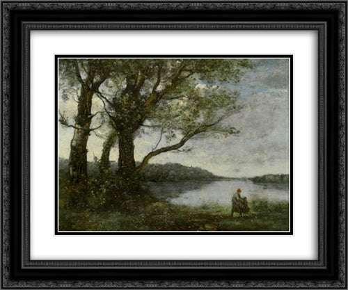 Les Trois Arbres en vue de lac 24x20 Black Ornate Wood Framed Art Print Poster with Double Matting by Corot, Jean Baptiste Camille