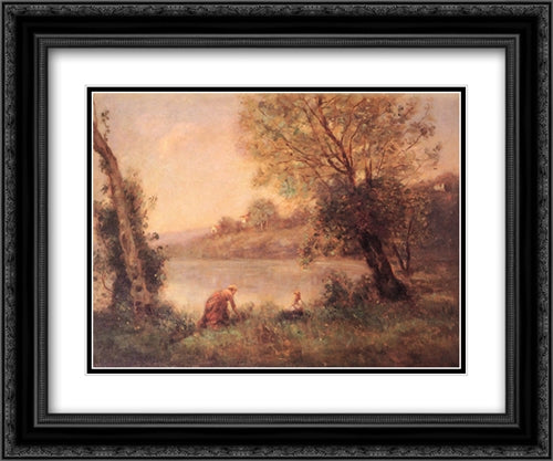 Ville'D'avray ' Paysanne Et Son Enfant Entre Deux Arbres Au Bord De L'etang 24x20 Black Ornate Wood Framed Art Print Poster with Double Matting by Corot, Jean Baptiste Camille