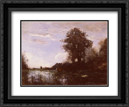 Marais De Cuicy, Pres Douai 24x20 Black Ornate Wood Framed Art Print Poster with Double Matting by Corot, Jean Baptiste Camille