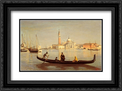 Venise''Gondole sur Le Grand Canal 24x18 Black Ornate Wood Framed Art Print Poster with Double Matting by Corot, Jean Baptiste Camille