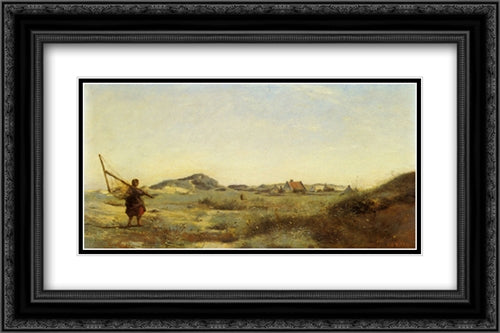 Dunkerque''Une Pecheuse de Crevettes 24x16 Black Ornate Wood Framed Art Print Poster with Double Matting by Corot, Jean Baptiste Camille