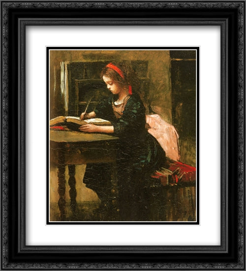 Fillette a l'etude, en train d'ecrire 20x22 Black Ornate Wood Framed Art Print Poster with Double Matting by Corot, Jean Baptiste Camille