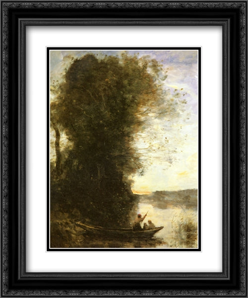 Le Batelier Quittant La Rive Avec Une Femme Et Un Enfant Assis Dans Sa Barque, Soleil Couchant 20x24 Black Ornate Wood Framed Art Print Poster with Double Matting by Corot, Jean Baptiste Camille