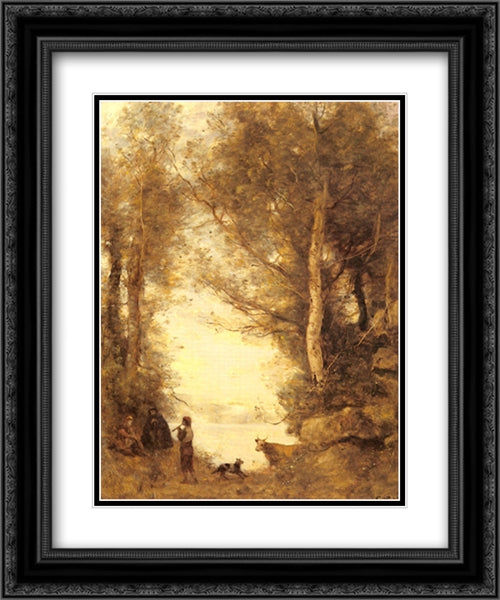 Le Joueur De Flute Du Lac D'Albano 20x24 Black Ornate Wood Framed Art Print Poster with Double Matting by Corot, Jean Baptiste Camille