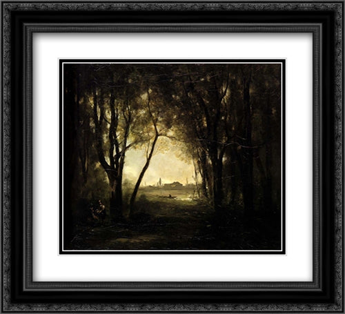 Landscape with a Lake 22x20 Black Ornate Wood Framed Art Print Poster with Double Matting by Corot, Jean Baptiste Camille