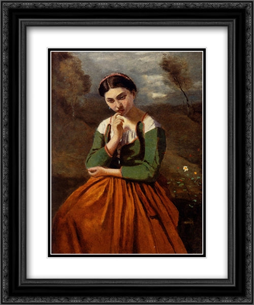 La Meditation 20x24 Black Ornate Wood Framed Art Print Poster with Double Matting by Corot, Jean Baptiste Camille