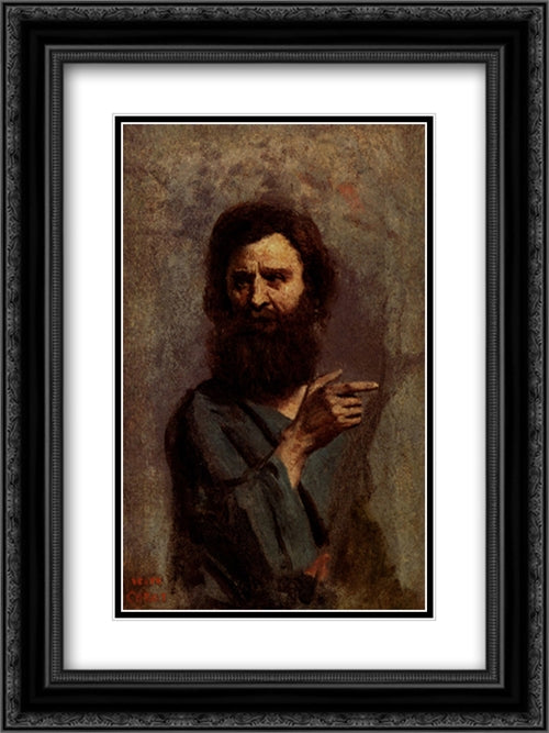 Head Of Bearded Man (A Study For The Baptism Of Christ) 18x24 Black Ornate Wood Framed Art Print Poster with Double Matting by Corot, Jean Baptiste Camille