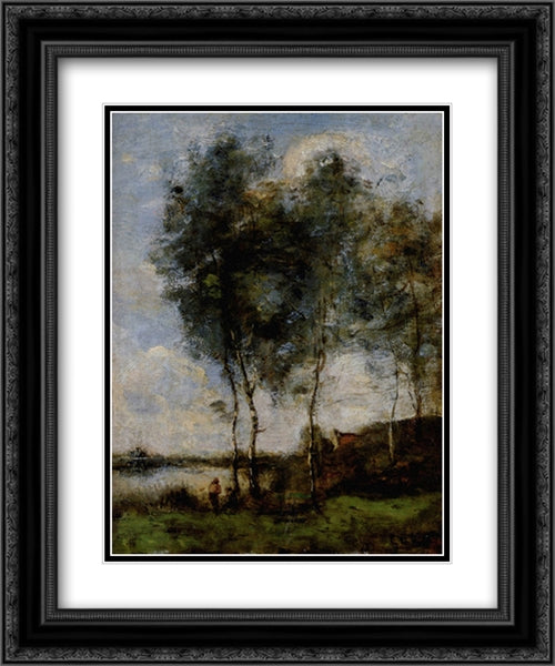 Pecheur Au Bord De la Riviere 20x24 Black Ornate Wood Framed Art Print Poster with Double Matting by Corot, Jean Baptiste Camille