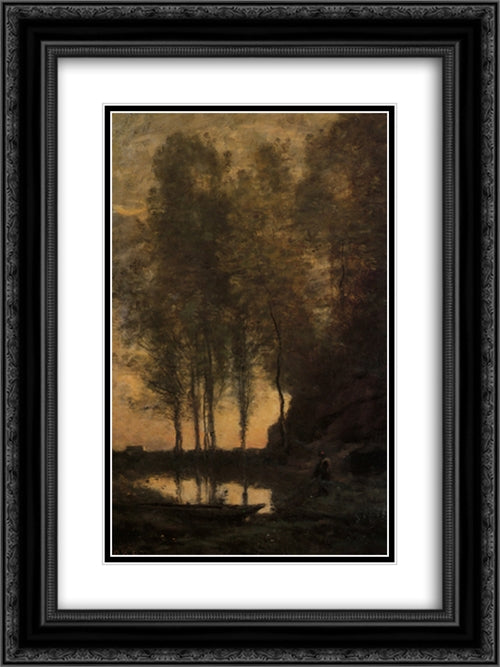 Le Passeur Attachant sa Barque 18x24 Black Ornate Wood Framed Art Print Poster with Double Matting by Corot, Jean Baptiste Camille