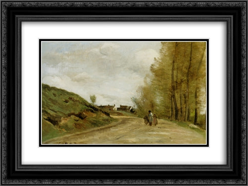 La Route de Gouvieux 24x18 Black Ornate Wood Framed Art Print Poster with Double Matting by Corot, Jean Baptiste Camille