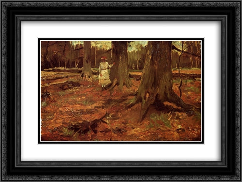 A Girl in White in the Woods 24x18 Black Ornate Wood Framed Art Print Poster with Double Matting by Van Gogh, Vincent