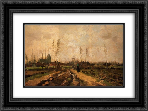 Landscape with Church and Farms 24x18 Black Ornate Wood Framed Art Print Poster with Double Matting by Van Gogh, Vincent