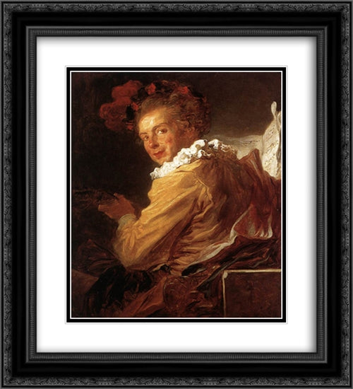 Man Playing an Instrument (The Music) 20x22 Black Ornate Wood Framed Art Print Poster with Double Matting by Fragonard, Jean Honore