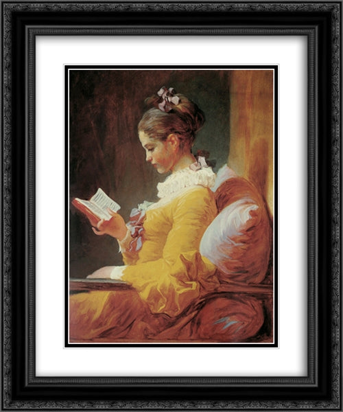 Young Girl Reading 20x24 Black Ornate Wood Framed Art Print Poster with Double Matting by Fragonard, Jean Honore