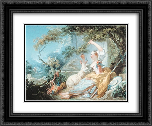 Shepherdess 24x20 Black Ornate Wood Framed Art Print Poster with Double Matting by Fragonard, Jean Honore