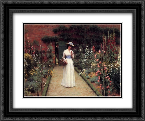 Lady in a Garden 24x20 Black Ornate Wood Framed Art Print Poster with Double Matting by Leighton, Edmund Blair