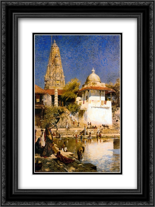 The Temple and Tank of Walkeschwar at Bombay 18x24 Black Ornate Wood Framed Art Print Poster with Double Matting by Weeks, Edwin Lord