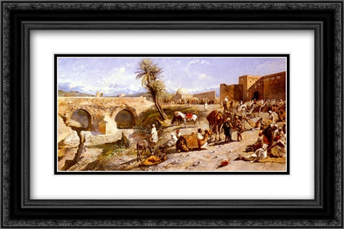 The Arrival Of A Caravan Outside Marakesh, The Mountains Of Atlas In The Distance 24x16 Black Ornate Wood Framed Art Print Poster with Double Matting by Weeks, Edwin Lord