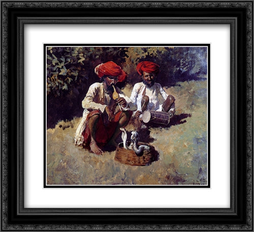 The Snake Charmers, Bombay 22x20 Black Ornate Wood Framed Art Print Poster with Double Matting by Weeks, Edwin Lord