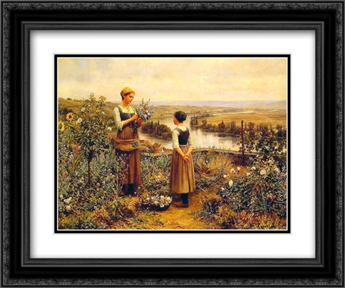 Picking Flowers 24x20 Black Ornate Wood Framed Art Print Poster with Double Matting by Knight, Daniel Ridgway