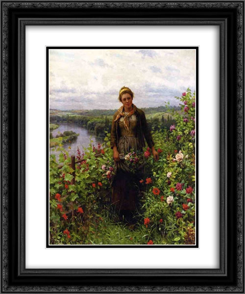 A Maid in Her Garden 20x24 Black Ornate Wood Framed Art Print Poster with Double Matting by Knight, Daniel Ridgway