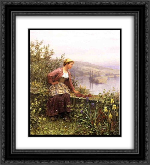 Brittany Girl Overlooking Stream 20x22 Black Ornate Wood Framed Art Print Poster with Double Matting by Knight, Daniel Ridgway