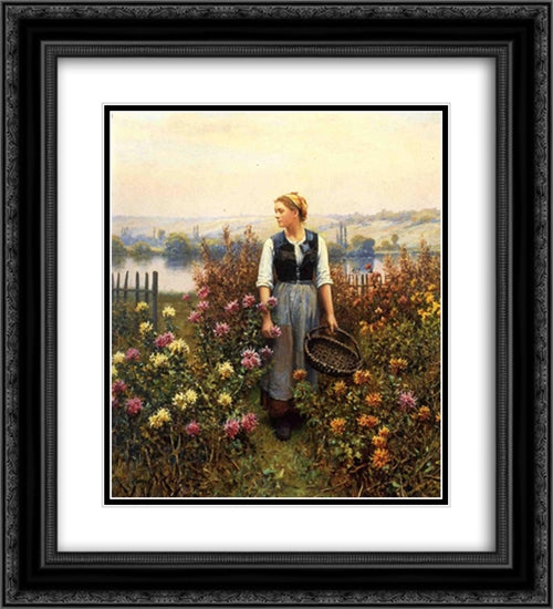 Girl with a Basket in a Garden 20x22 Black Ornate Wood Framed Art Print Poster with Double Matting by Knight, Daniel Ridgway