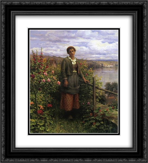 In Her Garden 20x22 Black Ornate Wood Framed Art Print Poster with Double Matting by Knight, Daniel Ridgway