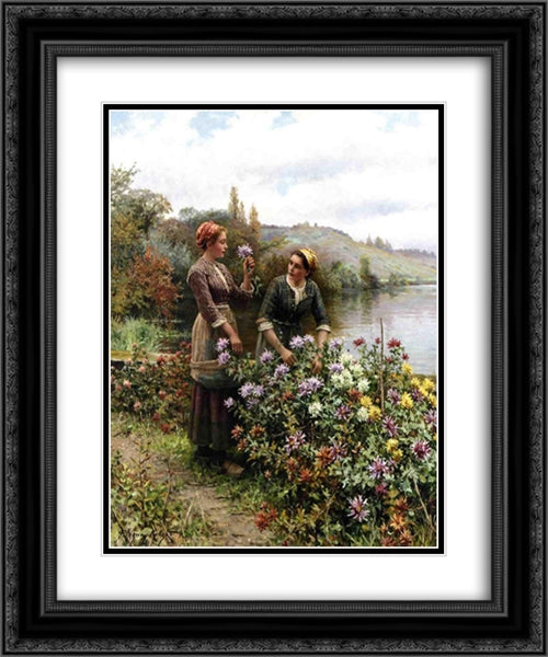 Peasant Girls in Flower Garden 20x24 Black Ornate Wood Framed Art Print Poster with Double Matting by Knight, Daniel Ridgway