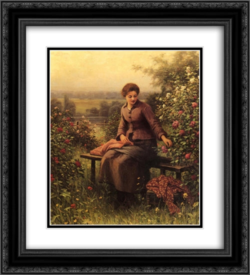 Seated Girl with Flowers 20x22 Black Ornate Wood Framed Art Print Poster with Double Matting by Knight, Daniel Ridgway