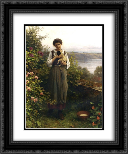 Young Girl Holding a Puppy 20x24 Black Ornate Wood Framed Art Print Poster with Double Matting by Knight, Daniel Ridgway