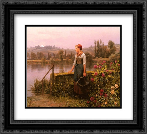 A Woman with a Watering Can by the River 22x20 Black Ornate Wood Framed Art Print Poster with Double Matting by Knight, Daniel Ridgway