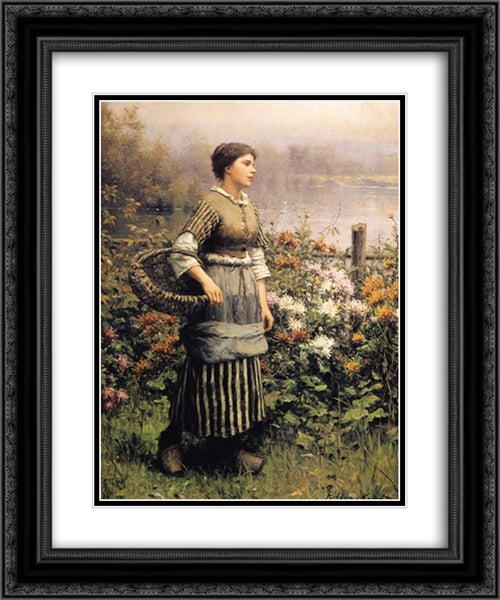 Maid Among the Flowers 20x24 Black Ornate Wood Framed Art Print Poster with Double Matting by Knight, Daniel Ridgway