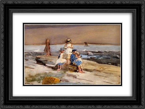 Children on the Beach 24x18 Black Ornate Wood Framed Art Print Poster with Double Matting by Homer, Winslow