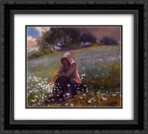 Girl and Daisies 22x20 Black Ornate Wood Framed Art Print Poster with Double Matting by Homer, Winslow