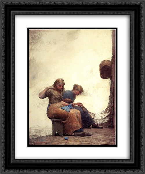 Mending the Nets 20x24 Black Ornate Wood Framed Art Print Poster with Double Matting by Homer, Winslow