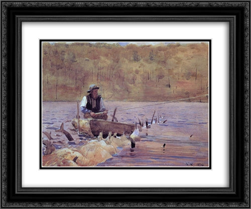 Man in a Punt, Fishing 24x20 Black Ornate Wood Framed Art Print Poster with Double Matting by Homer, Winslow