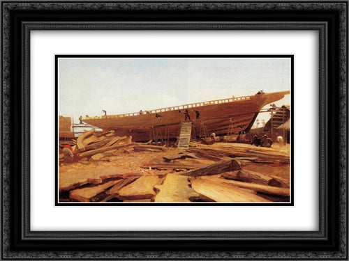 Shipbuilding at Gloucester 24x18 Black Ornate Wood Framed Art Print Poster with Double Matting by Homer, Winslow