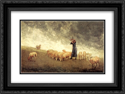 Shepherdess Tending Sheep 24x18 Black Ornate Wood Framed Art Print Poster with Double Matting by Homer, Winslow