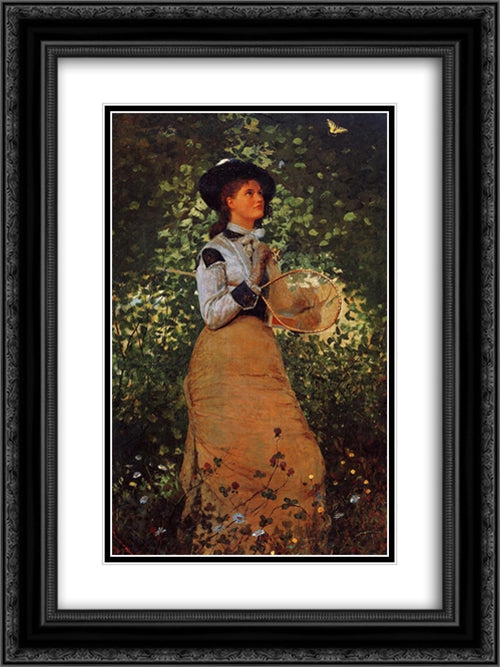 The Butterfly Girl 18x24 Black Ornate Wood Framed Art Print Poster with Double Matting by Homer, Winslow